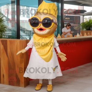 Gold Ceviche mascot costume character dressed with Skirt and Sunglasses