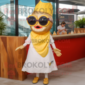 Gold Ceviche mascot costume character dressed with Skirt and Sunglasses
