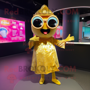 Gold Ceviche mascot costume character dressed with Skirt and Sunglasses