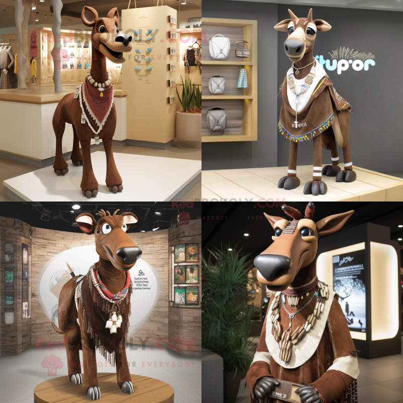 Brown Okapi mascot costume character dressed with Coat and Necklaces