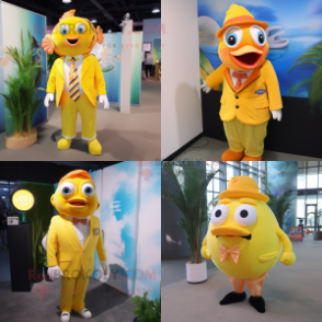 Lemon Yellow Clown fish mascot costume character dressed with Dress Shirt and Ties