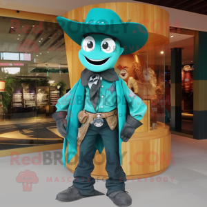 Teal Cowboy mascot costume character dressed with Suit and Scarf clips