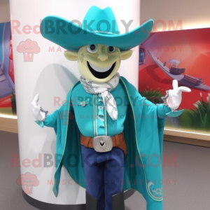 Teal Cowboy mascot costume character dressed with Suit and Scarf clips