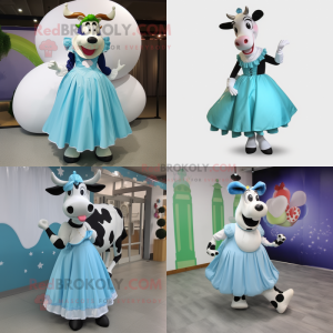 Cyan Holstein cow mascot costume character dressed with Ball Gown and Shoe clips