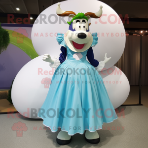 Cyan Holstein cow mascot costume character dressed with Ball Gown and Shoe clips