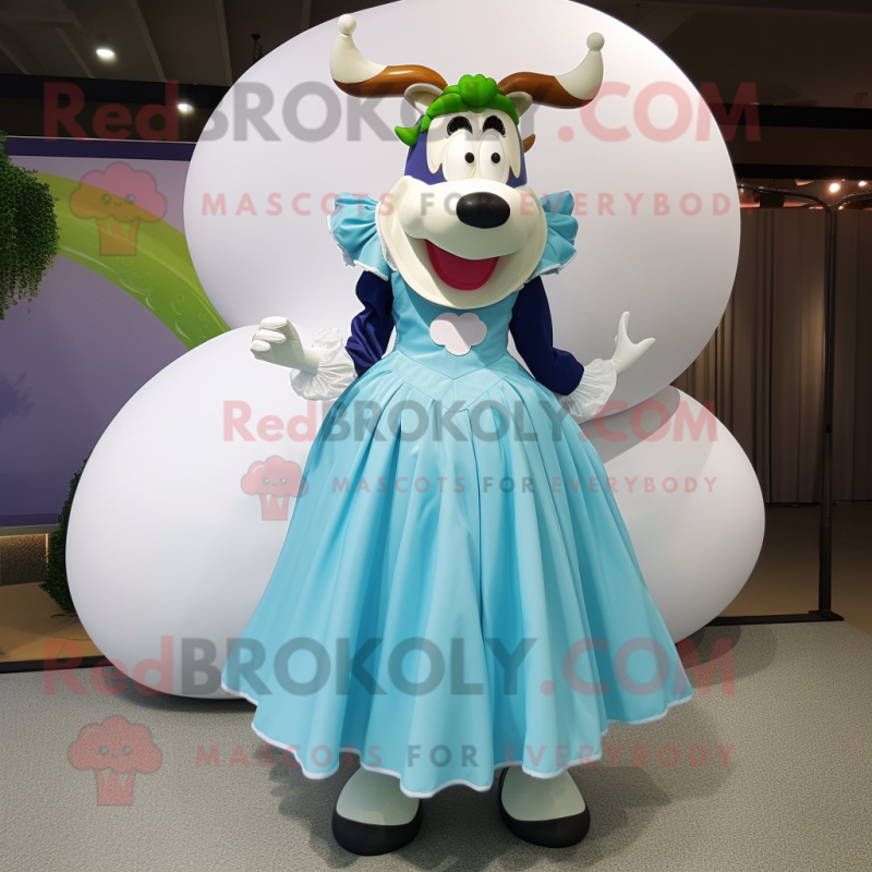 Cyan Holstein cow mascot costume character dressed with Ball Gown and Shoe clips