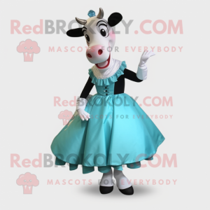 Cyan Holstein cow mascot costume character dressed with Ball Gown and Shoe clips