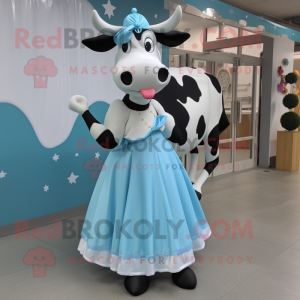 Cyan Holstein cow mascot costume character dressed with Ball Gown and Shoe clips
