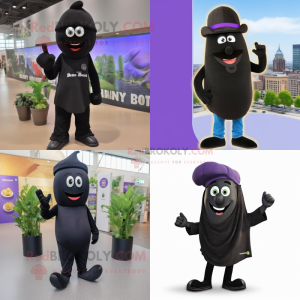 Black Eggplant mascot costume character dressed with Jeans and Berets