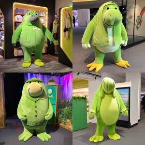 Lime Green Walrus mascot costume character dressed with Corduroy Pants and Lapel pins