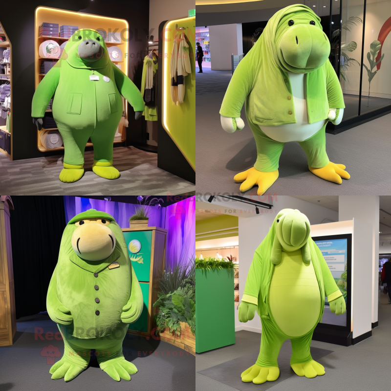 Lime Green Walrus mascot costume character dressed with Corduroy Pants and Lapel pins Lime Green Walrus mascot costume character dressed with Corduroy Pants and Lapel pins