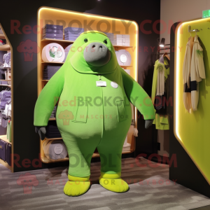 Lime Green Walrus mascot costume character dressed with Corduroy Pants and Lapel pins