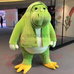 Lime Green Walrus mascot costume character dressed with Corduroy Pants and Lapel pins