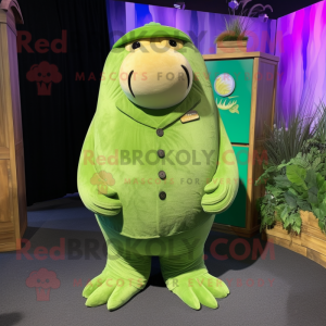 Lime Green Walrus mascot costume character dressed with Corduroy Pants and Lapel pins