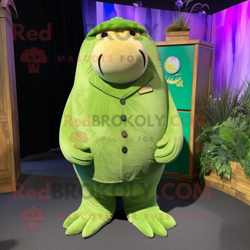 Lime Green Walrus mascot costume character dressed with Corduroy Pants and Lapel pins