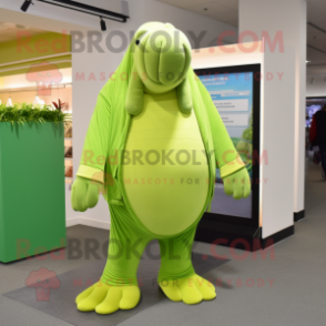 Lime Green Walrus mascot costume character dressed with Corduroy Pants and Lapel pins