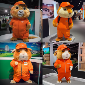 Orange guinea pig mascot costume character dressed with Joggers and Hat pins