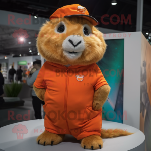 Orange guinea pig mascot costume character dressed with Joggers and Hat pins