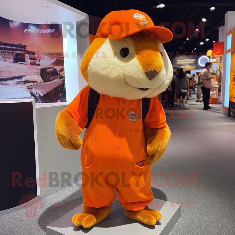 Orange guinea pig mascot costume character dressed with Joggers and Hat pins Orange guinea pig mascot costume character dressed with Joggers and Hat pins