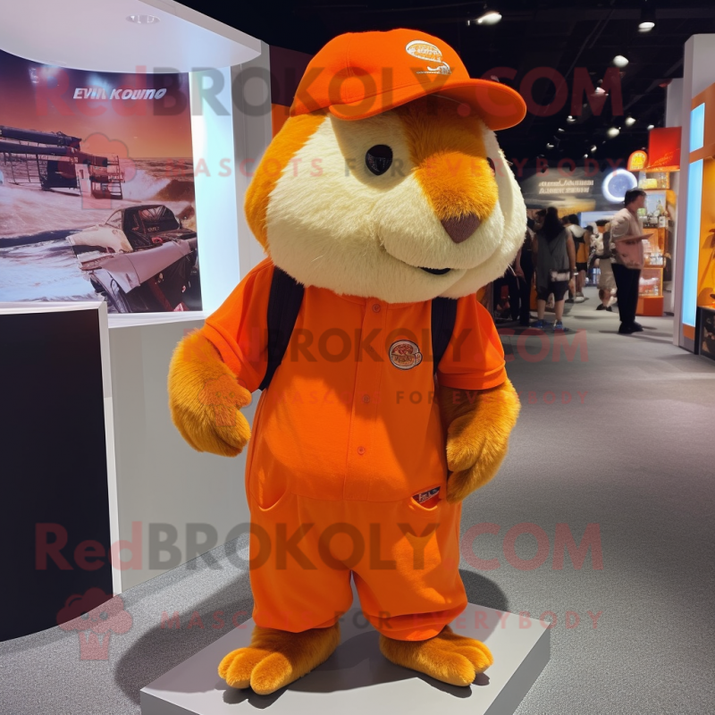 Orange guinea pig mascot costume character dressed with Joggers and Hat pins