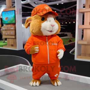 Orange guinea pig mascot costume character dressed with Joggers and Hat pins