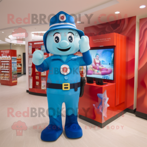Blue fire fighter mascot costume character dressed with One-Piece Swimsuit and Wallets