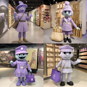 Lavender army soldier mascot costume character dressed with Pleated Skirt and Tote bags