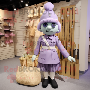 Lavender army soldier mascot costume character dressed with Pleated Skirt and Tote bags