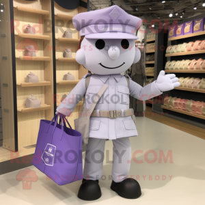Lavender army soldier mascot costume character dressed with Pleated Skirt and Tote bags
