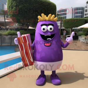 Purple French fries mascot costume character dressed with Swimwear and Wallets
