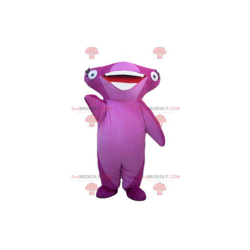Mascota de tiburón martillo rosa muy sonriente - Redbrokoly.com