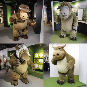 Olive woolly rhinoceros mascot costume character dressed with Trousers and Foot pads