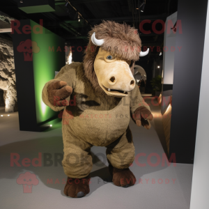 Olive woolly rhinoceros mascot costume character dressed with Trousers and Foot pads