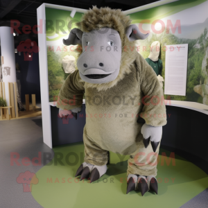 Olive woolly rhinoceros mascot costume character dressed with Trousers and Foot pads