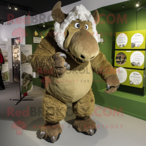 Olive woolly rhinoceros mascot costume character dressed with Trousers and Foot pads