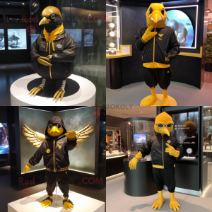 Gold Blackbird mascot costume character dressed with Windbreaker and Bracelet watches