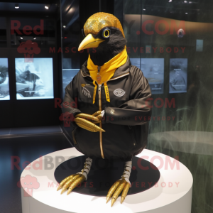 Gold Blackbird mascot costume character dressed with Windbreaker and Bracelet watches