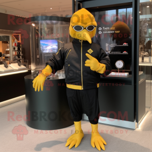 Gold Blackbird mascot costume character dressed with Windbreaker and Bracelet watches