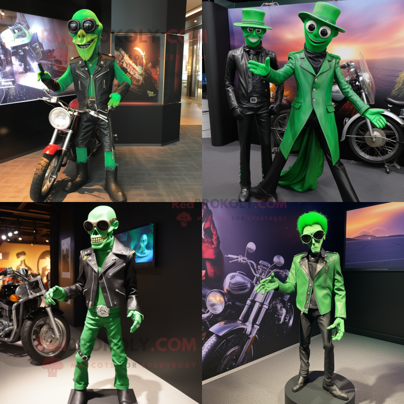 Green stilt walker mascot costume character dressed with Biker Jacket and Cufflinks Green stilt walker mascot costume character dressed with Biker Jacket and Cufflinks