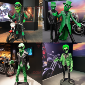 Green stilt walker mascot costume character dressed with Biker Jacket and Cufflinks