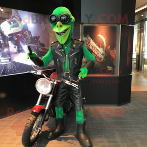 Green stilt walker mascot costume character dressed with Biker Jacket and Cufflinks