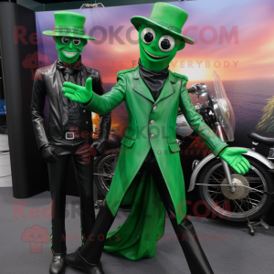 Green stilt walker mascot costume character dressed with Biker Jacket and Cufflinks