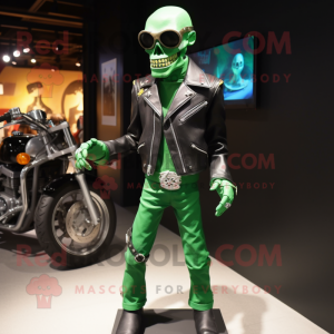 Green stilt walker mascot costume character dressed with Biker Jacket and Cufflinks