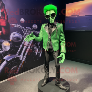 Green stilt walker mascot costume character dressed with Biker Jacket and Cufflinks