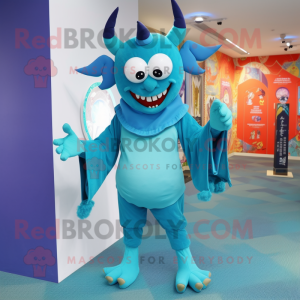 Cyan Devil mascot costume character dressed with Culottes and Scarf clips