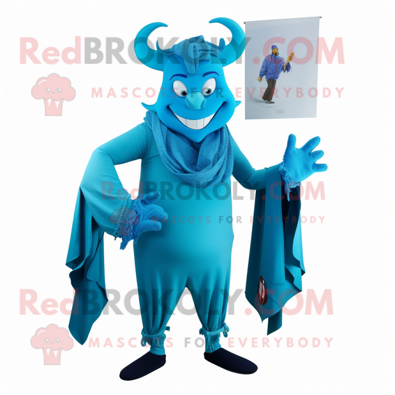 Cyan Devil mascot costume character dressed with Culottes and Scarf clips