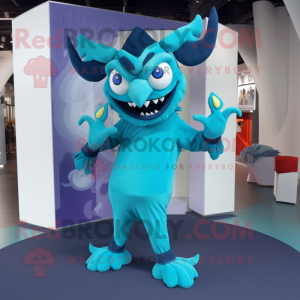 Cyan Devil mascot costume character dressed with Culottes and Scarf clips