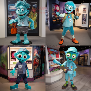 Teal zombie mascot costume character dressed with Capri Pants and Coin purses