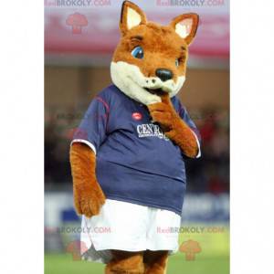 Mascotte de renard orange et blanc en tenue de sport -