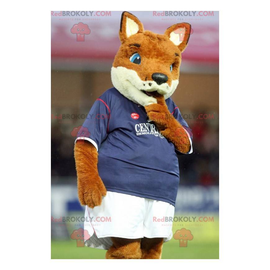 Mascotte de renard orange et blanc en tenue de sport -